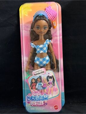Barbie Dream Besties Brooklyn Doll in Blue Gingham Bikini Visor w/Strawberry Bag